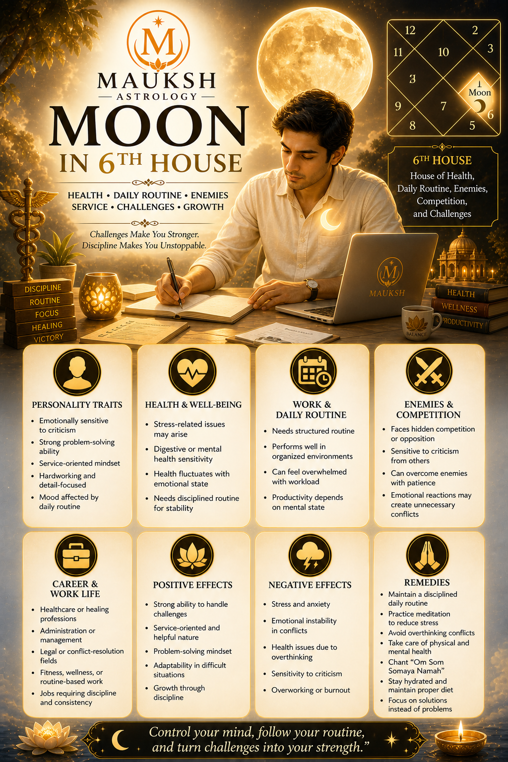 Moon in 6th House in Kundali – Meaning, Effects, Health, Enemies & Daily Life