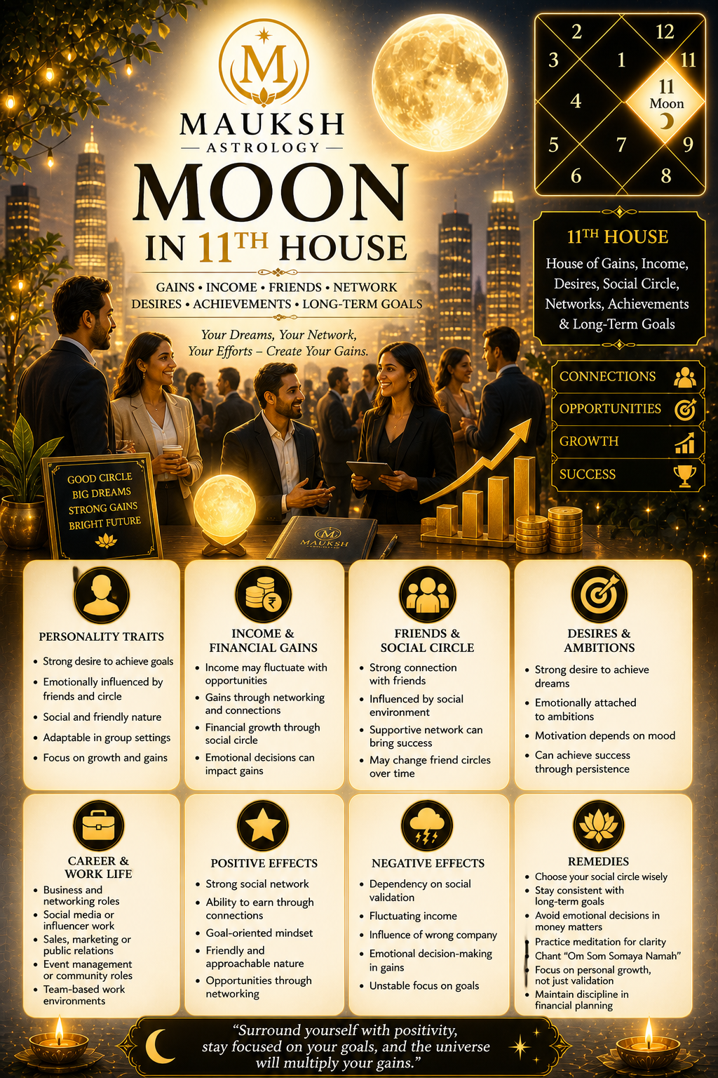 Moon in 11th House in Kundali – Meaning, Effects, Gains, Network & Desires
