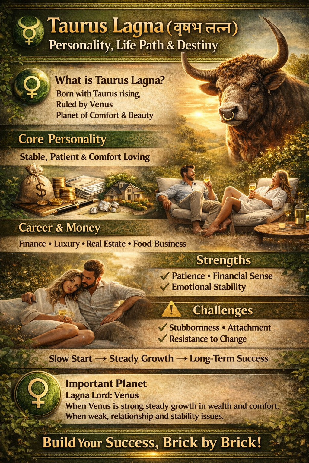🌿 Taurus Lagna (वृषभ लग्न) – Personality, Life Path & Destiny