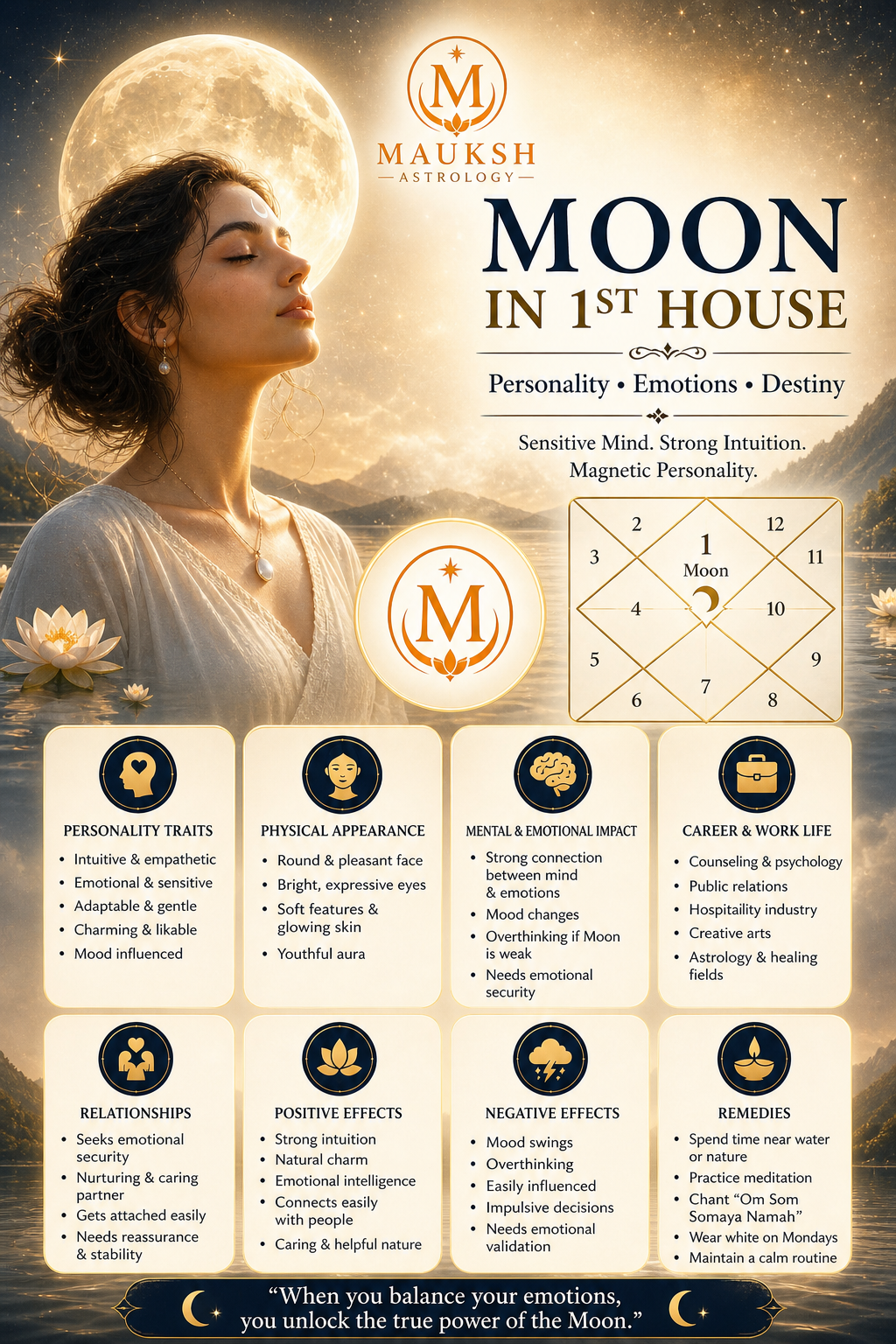 Moon in 1st House in Kundali – Meaning, Effects, Personality, Career & Remedies