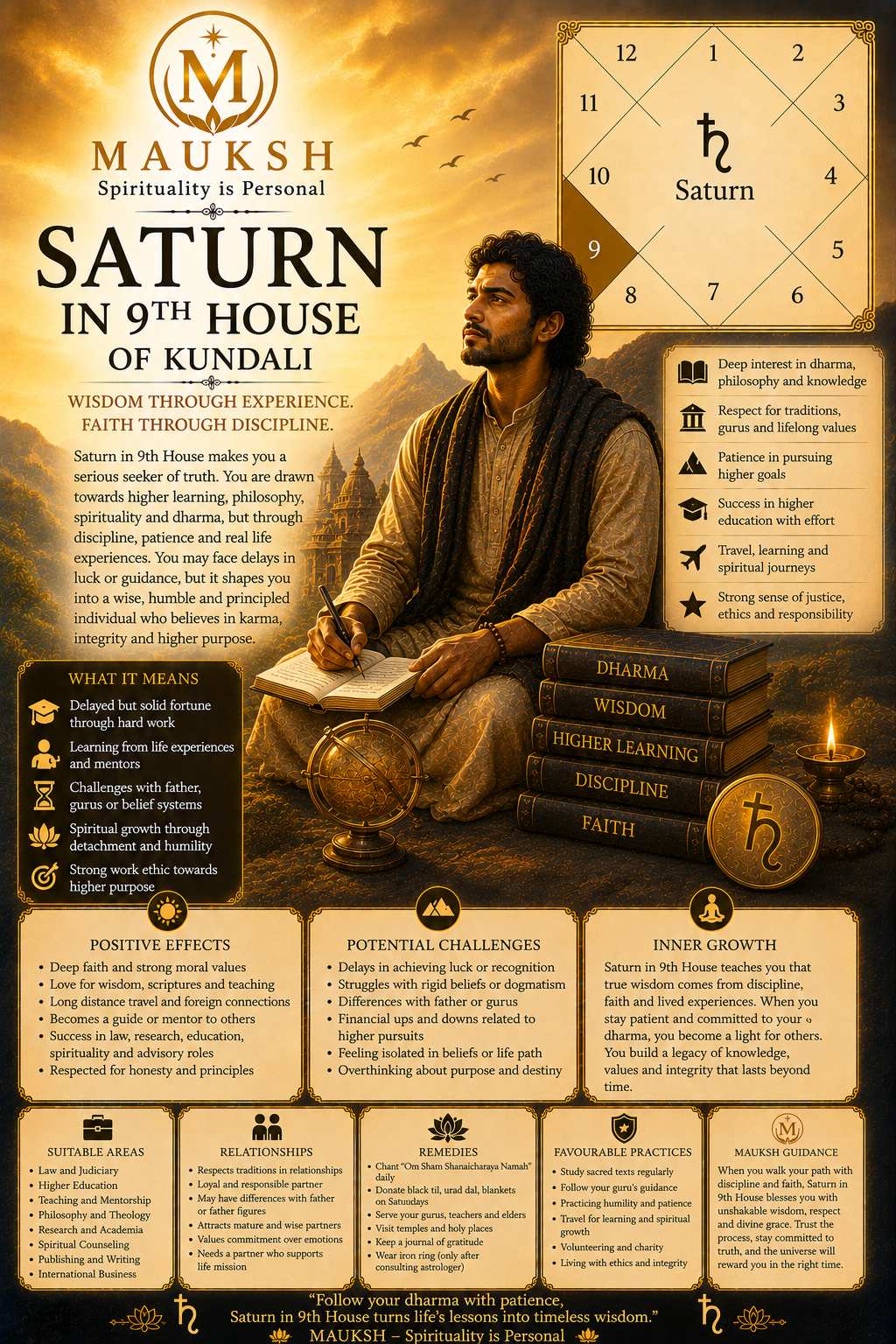 Saturn in 9th House of Kundali: Effects on Luck, Father, Career, Higher Education & Spirituality