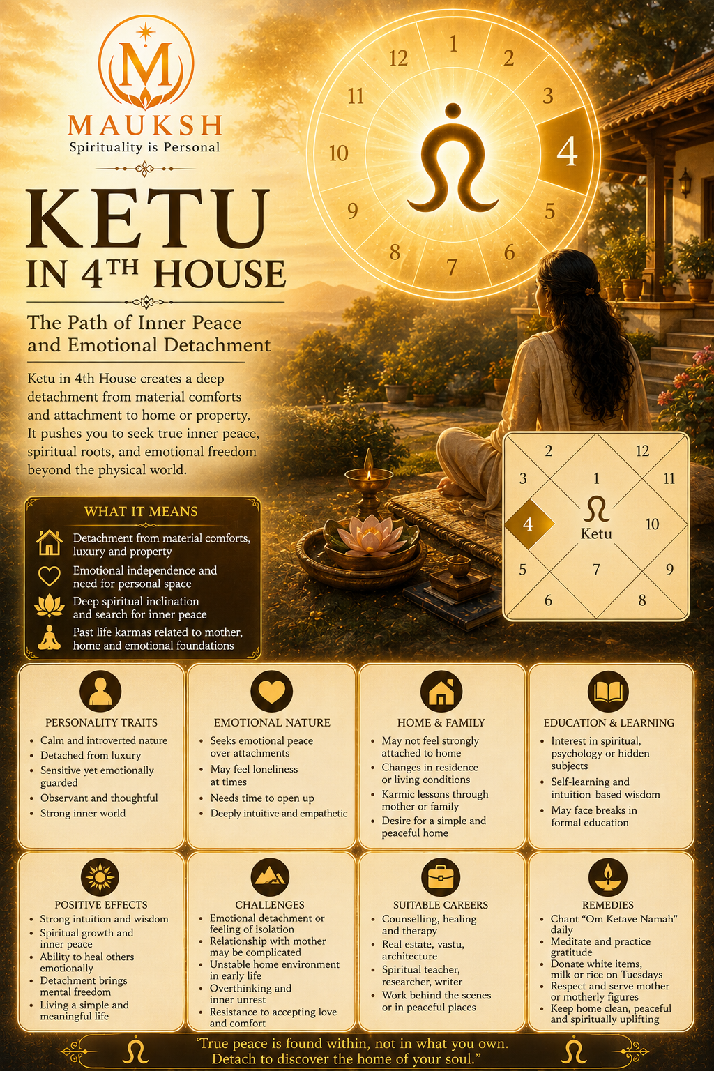 Ketu in the 4th House: Meaning, Effects, Personality, Career, Marriage & Remedies