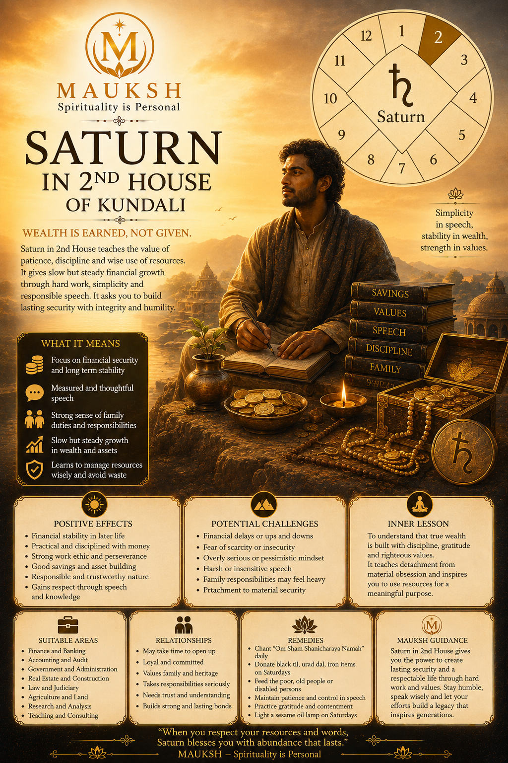 Saturn in 2nd House of Kundali: Effects on Money, Family, Speech & Wealth