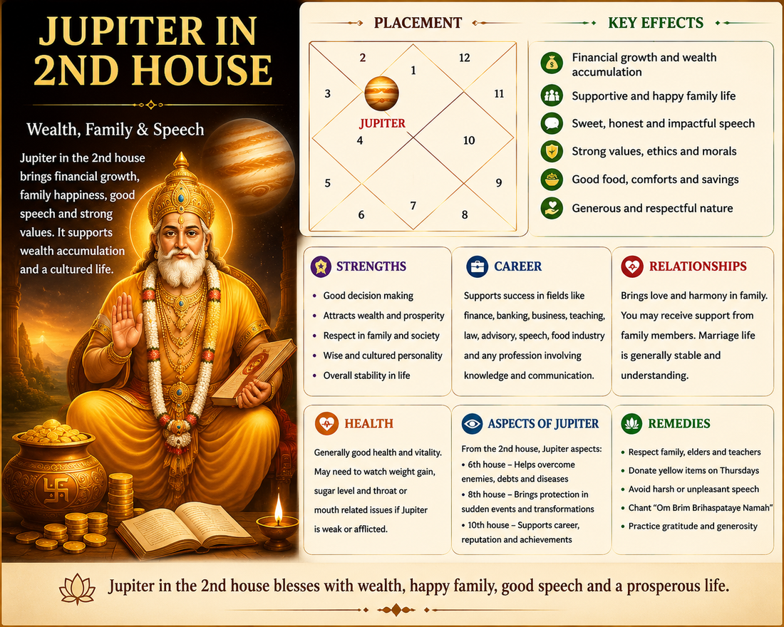 Jupiter in 2nd House of Kundali: Meaning, Effects, Career, Marriage & Remedies