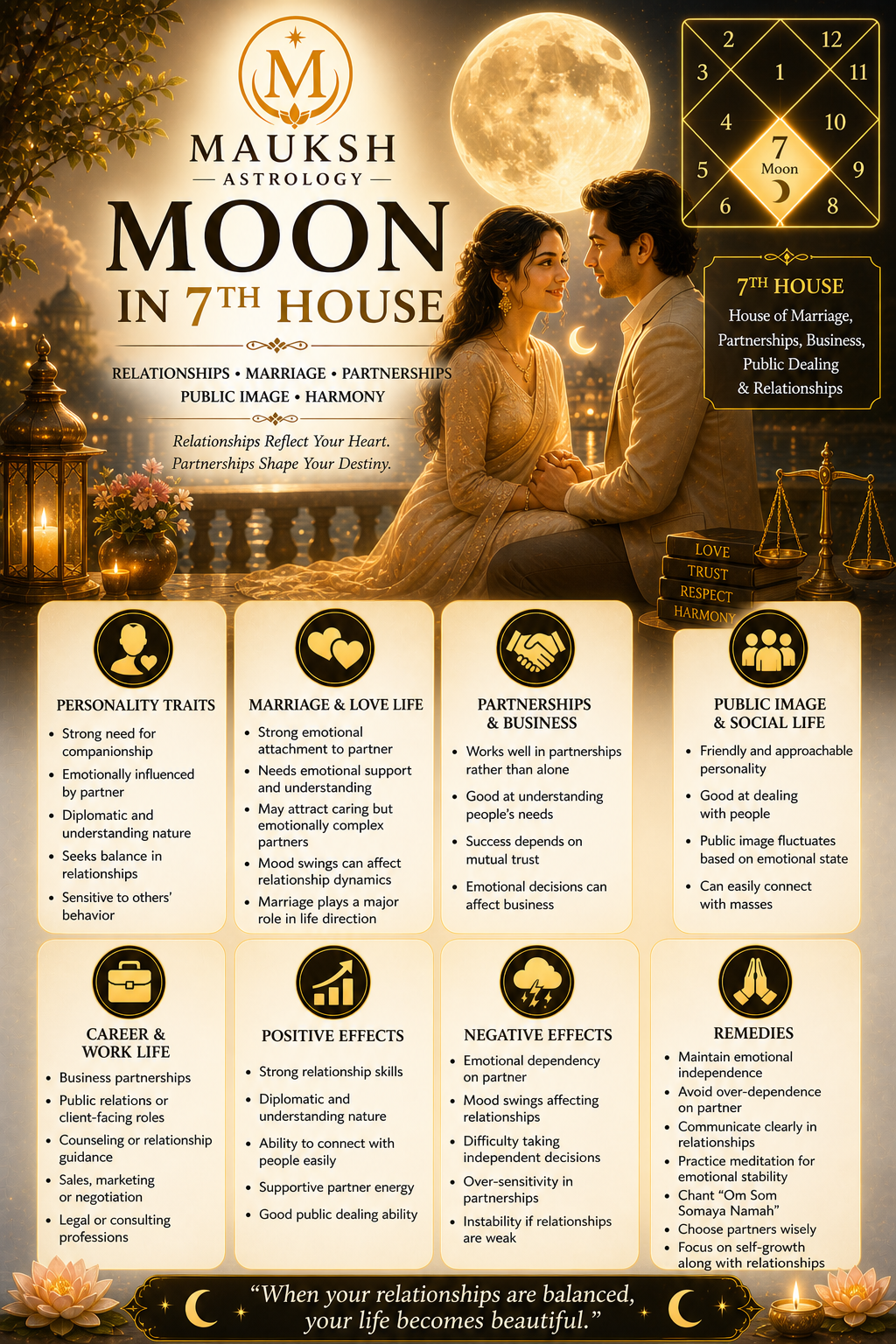 Moon in 7th House in Kundali – Meaning, Effects, Marriage, Partnerships & Public Image