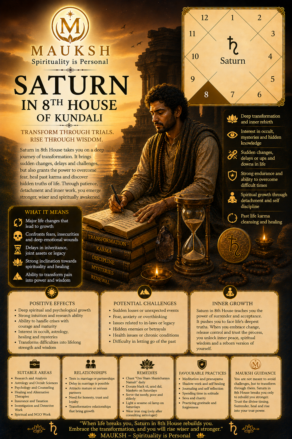 Saturn in 8th House of Kundali: Effects on Longevity, Marriage, Inheritance, Money & Transformation