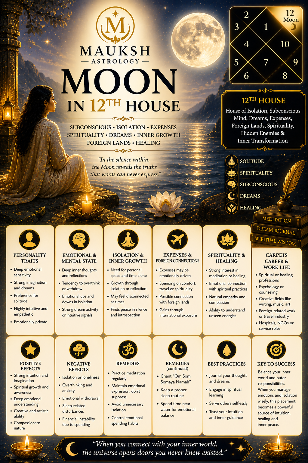 Moon in 12th House in Kundali – Meaning, Effects, Subconscious, Isolation & Spiritual Growth