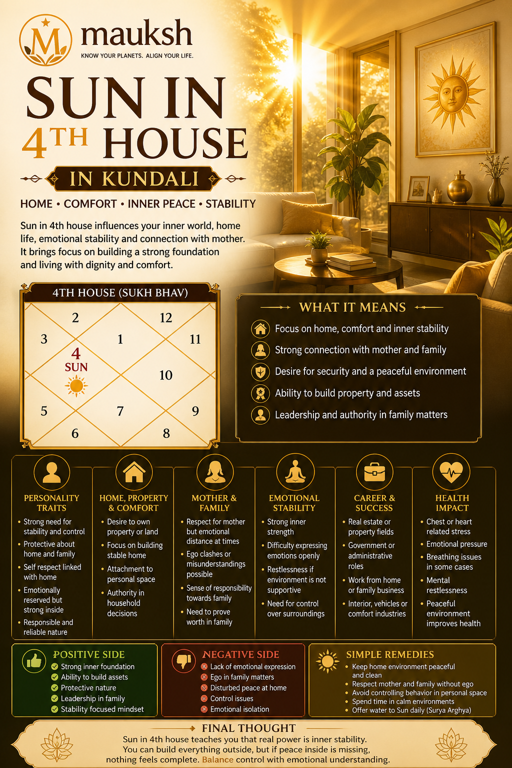 Sun in 4th House in Kundali: Meaning, Home, Comfort & Inner Stability