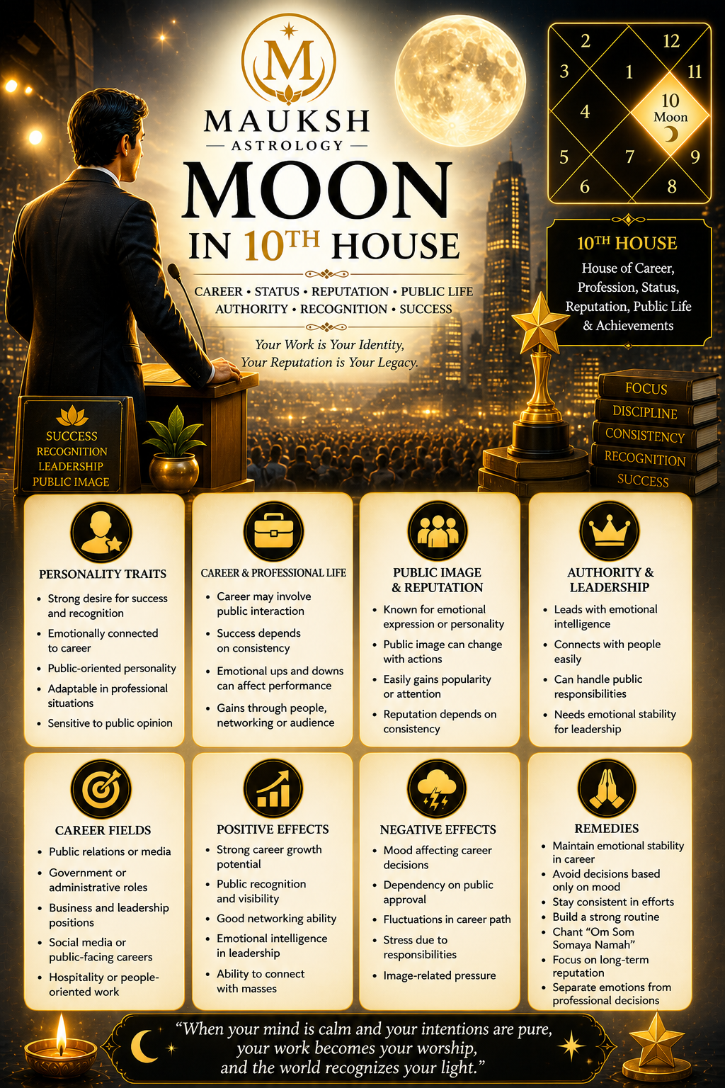 Moon in 10th House in Kundali – Meaning, Effects, Career, Status & Public Life