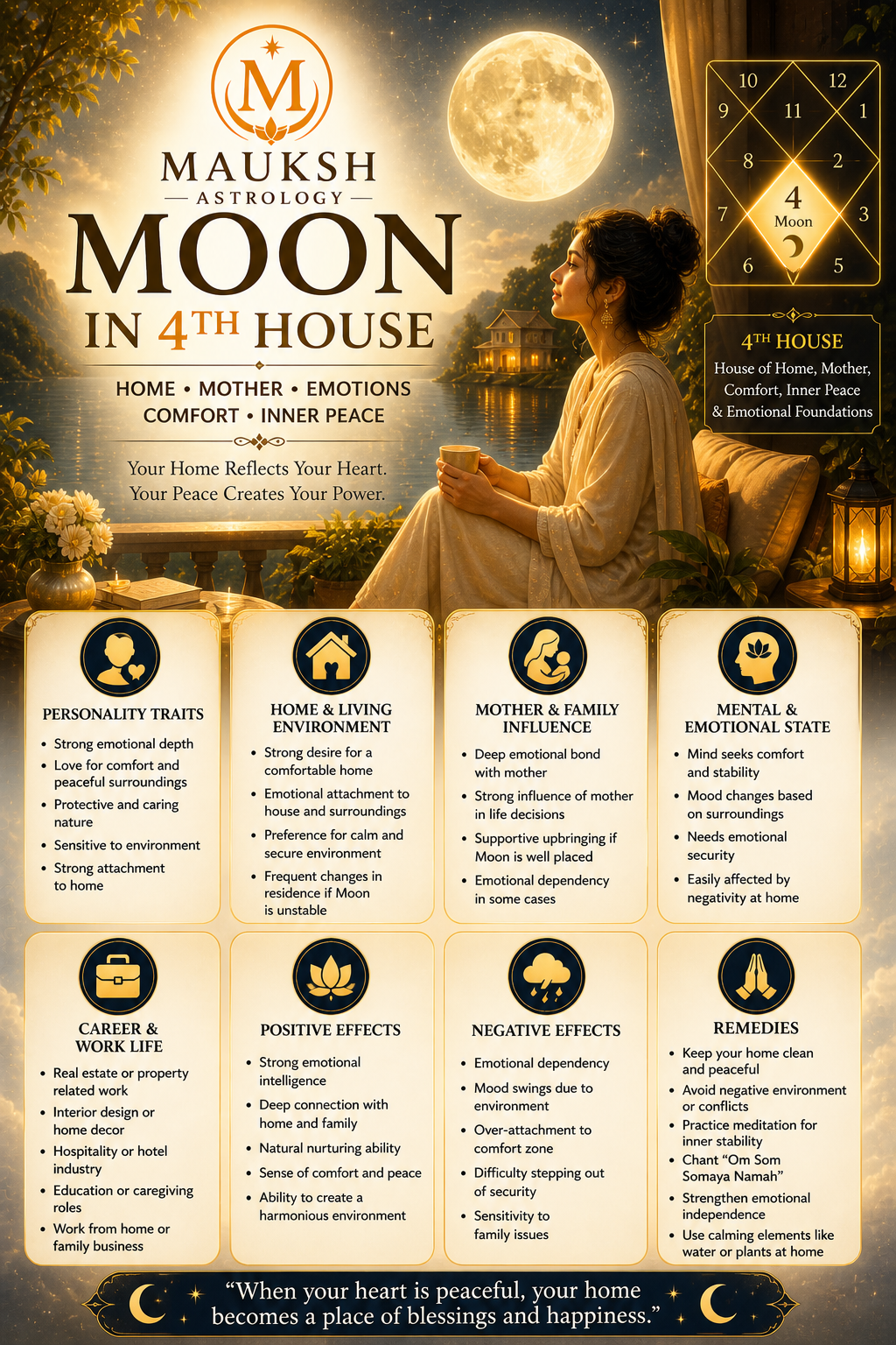Moon in 4th House in Kundali – Meaning, Effects, Home, Mother & Emotional Stability
