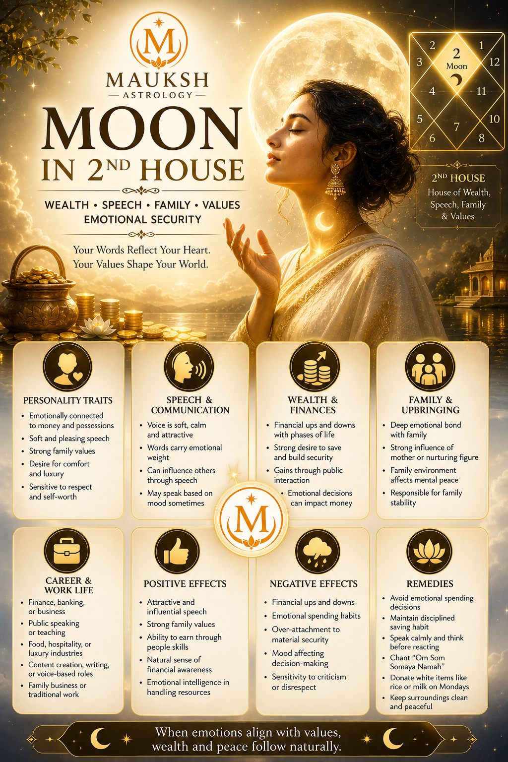 Moon in 2nd House in Kundali – Meaning, Effects, Wealth, Speech & Remedies