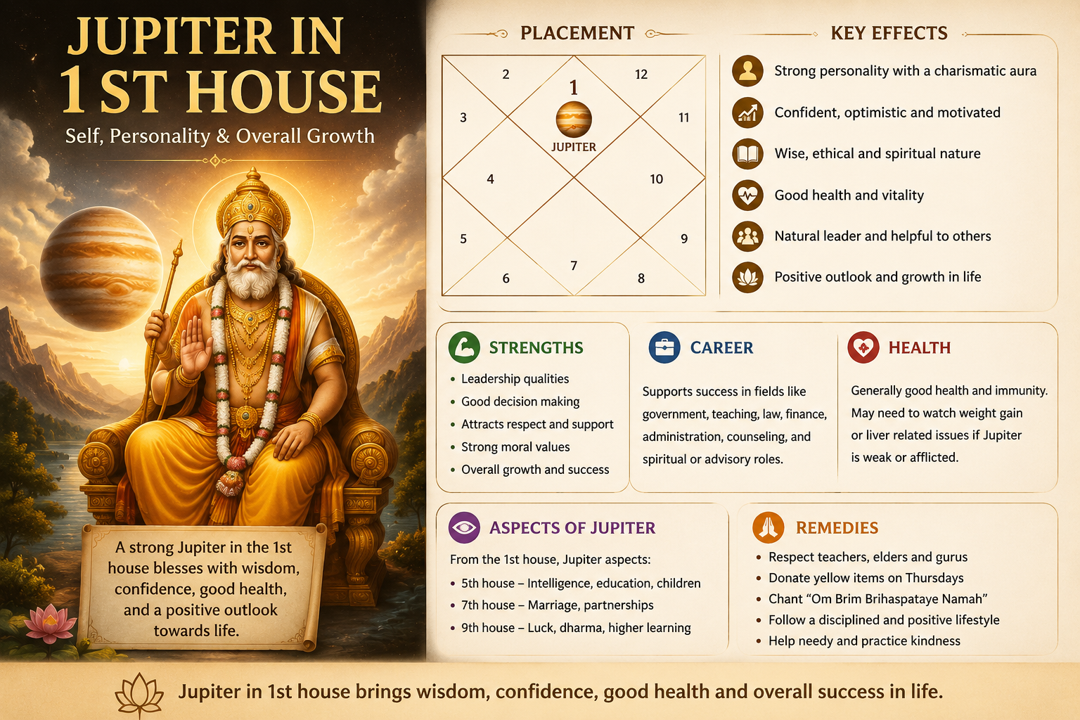 Jupiter in 1st House of Kundali: Meaning, Effects, Career, Marriage & Remedies