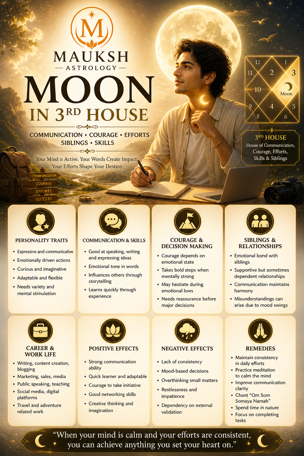 Moon in 3rd House in Kundali – Meaning, Effects, Courage, Communication & Remedies