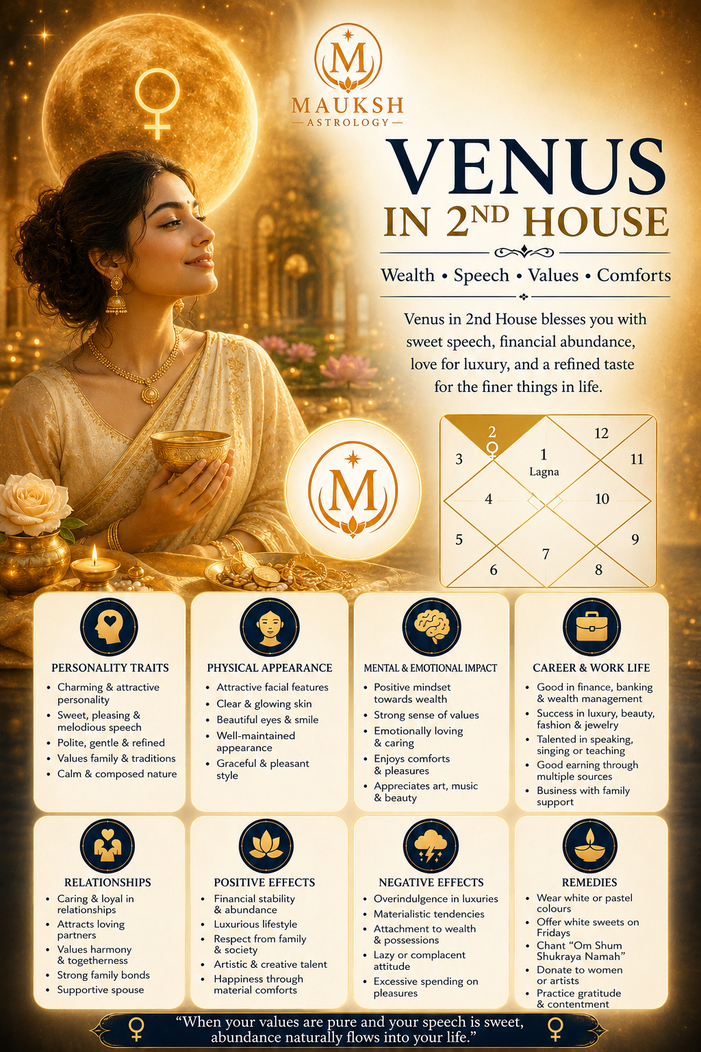 Venus in the 2nd House: Meaning, Wealth, Family, Speech, Marriage & Remedies (Vedic Astrology)