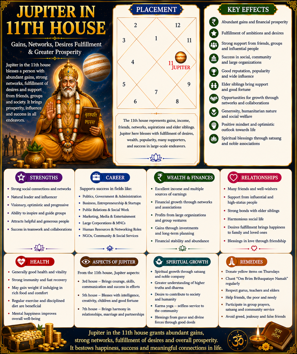 Jupiter in 11th House of Kundali: Meaning, Effects, Career, Marriage & Remedies