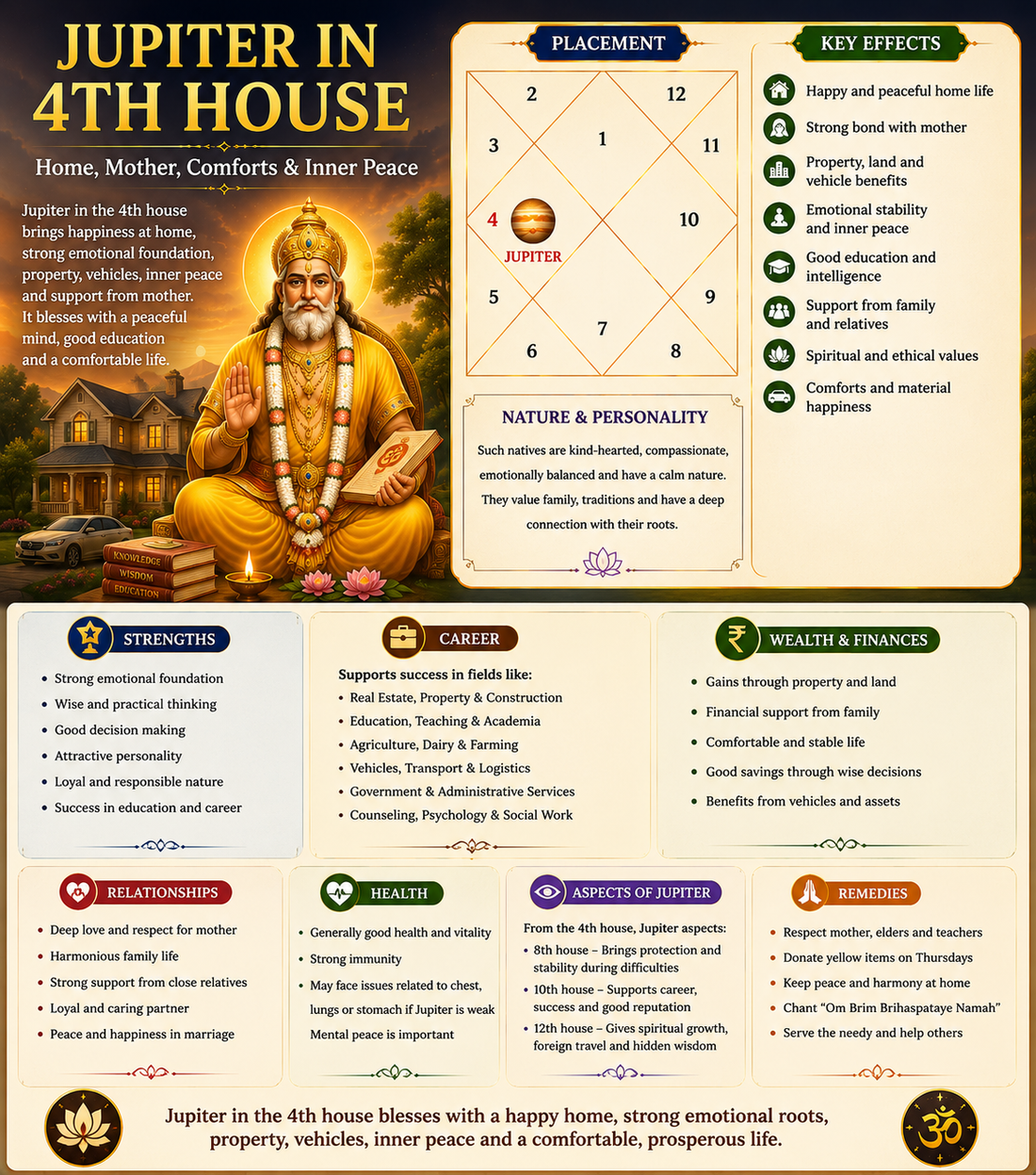 Jupiter in 4th House of Kundali: Meaning, Effects, Career, Marriage & Remedies