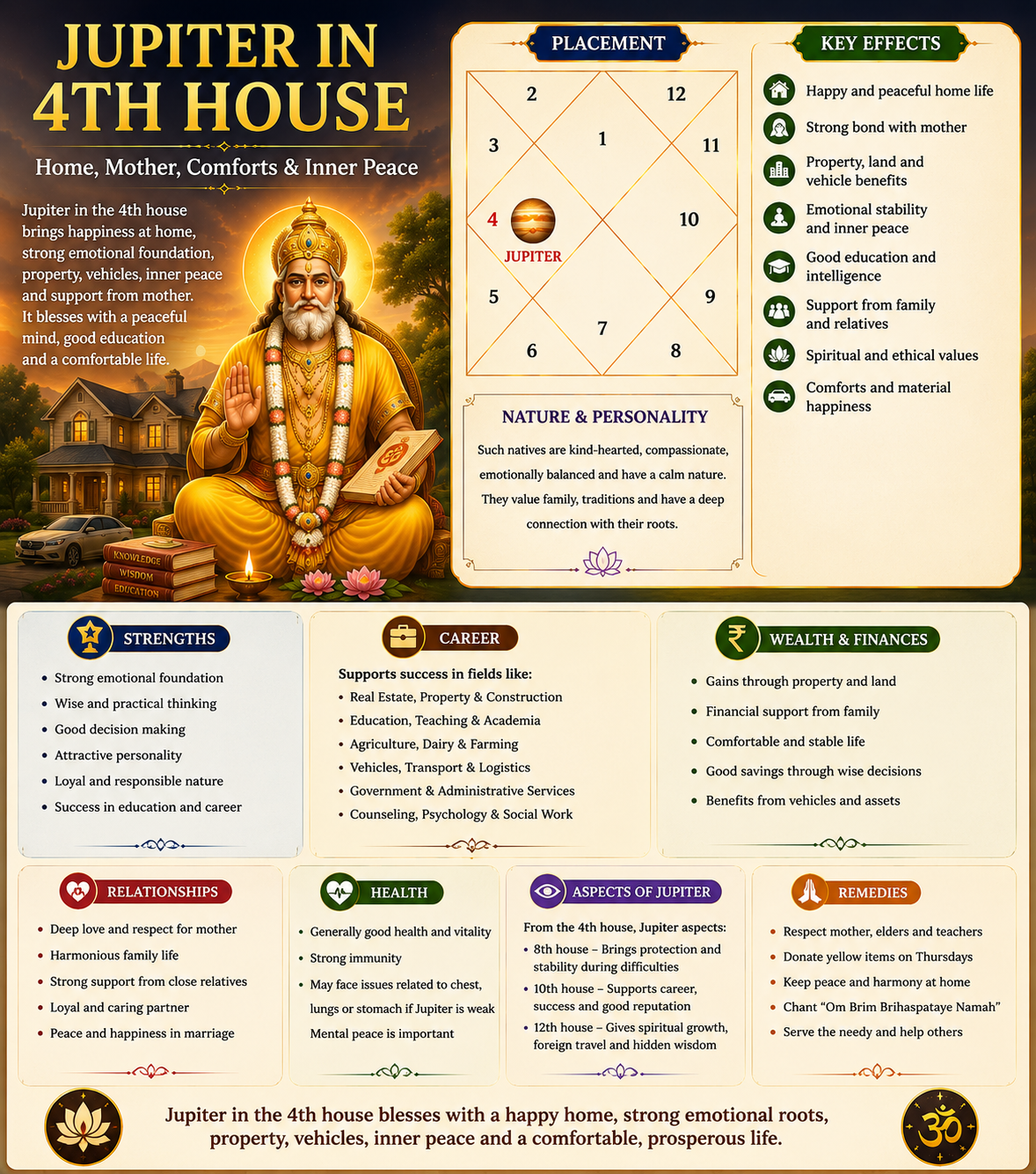 Jupiter in 4th House of Kundali: Meaning, Effects, Career, Marriage & Remedies