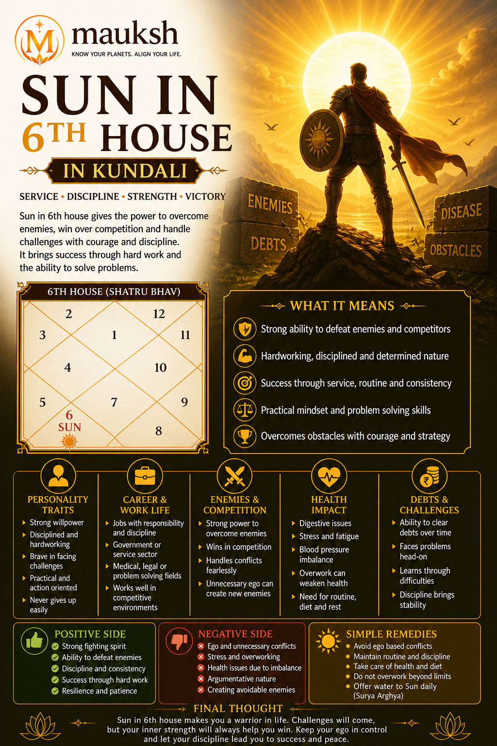 Sun in 6th House in Kundali: Meaning, Enemies, Health & Daily Work