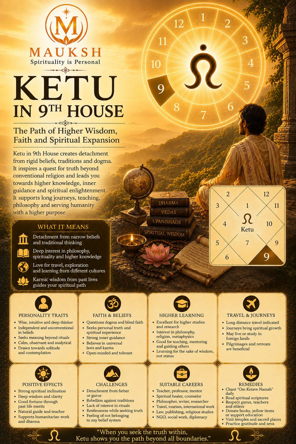Ketu in the 9th House: Meaning, Effects, Personality, Career, Marriage & Remedies