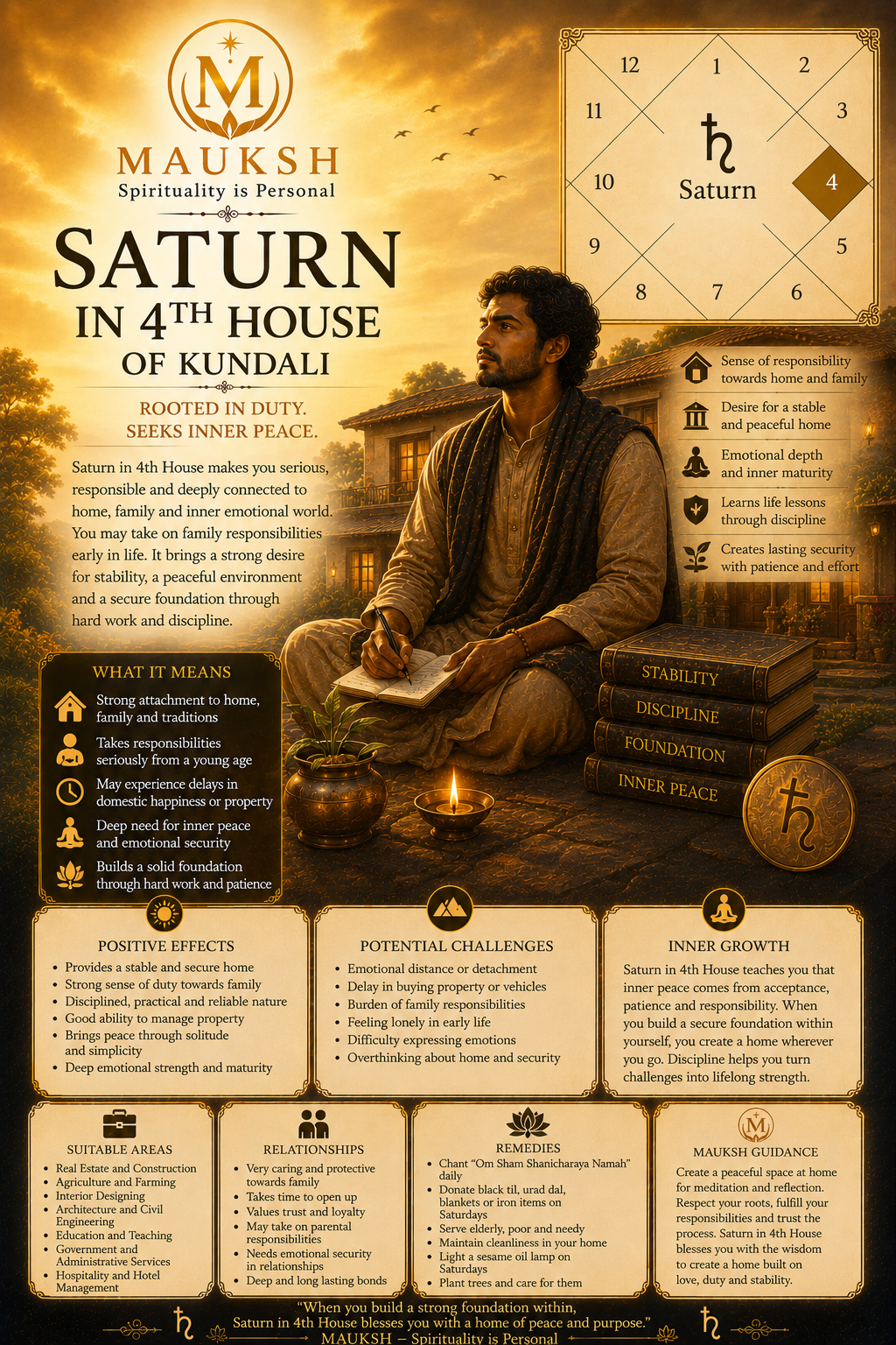 Saturn in 4th House of Kundali: Effects on Home, Mother, Property, Career & Happiness