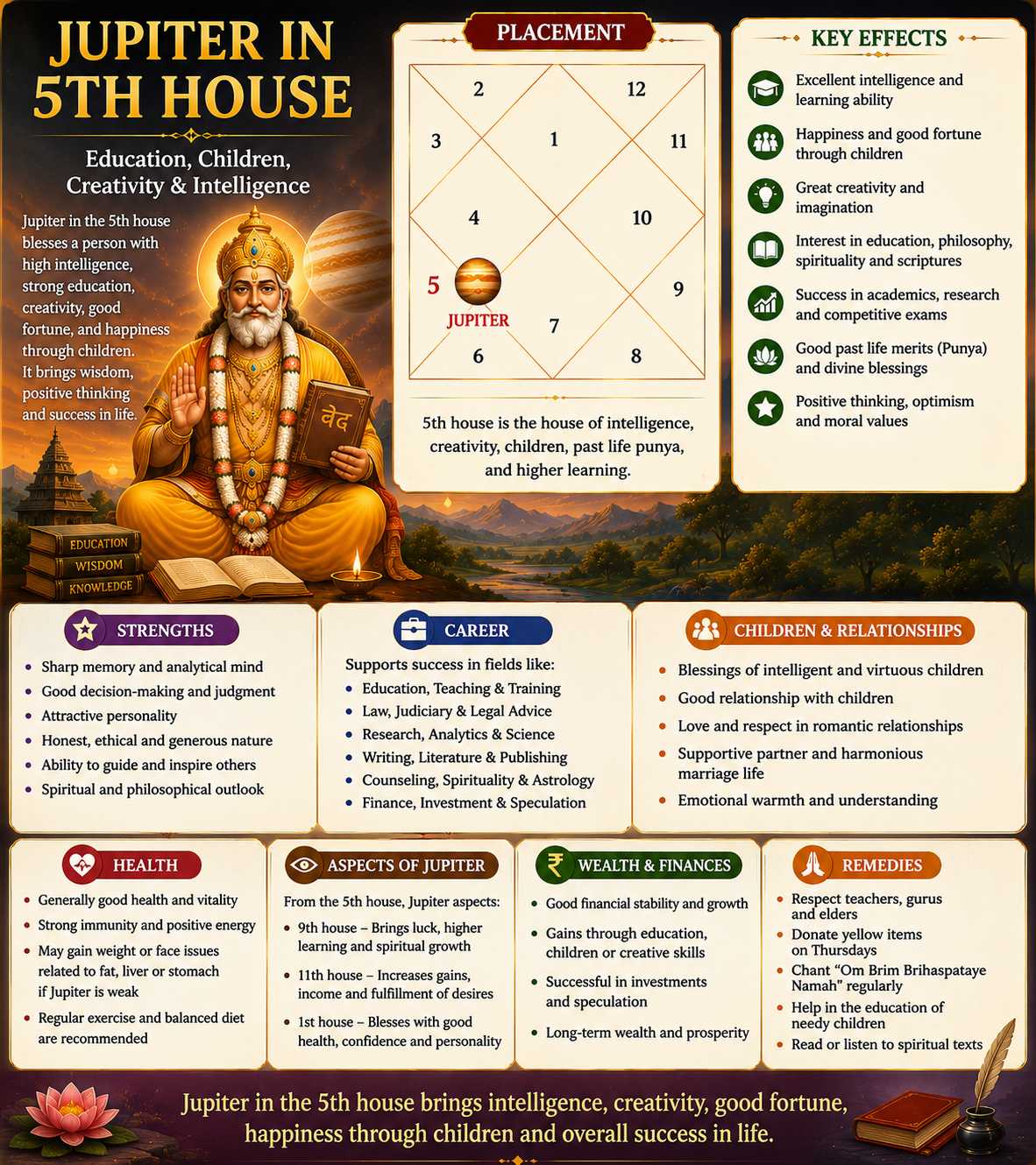Jupiter in 5th House of Kundali: Meaning, Effects, Career, Marriage & Remedies