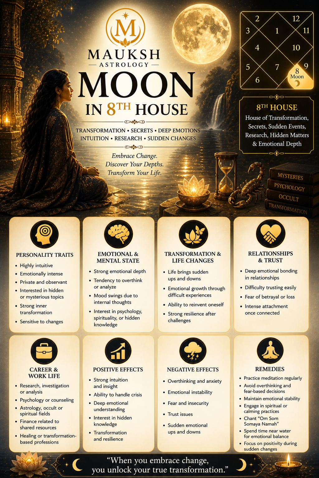 Moon in 8th House in Kundali – Meaning, Effects, Transformation, Secrets & Emotional Depth
