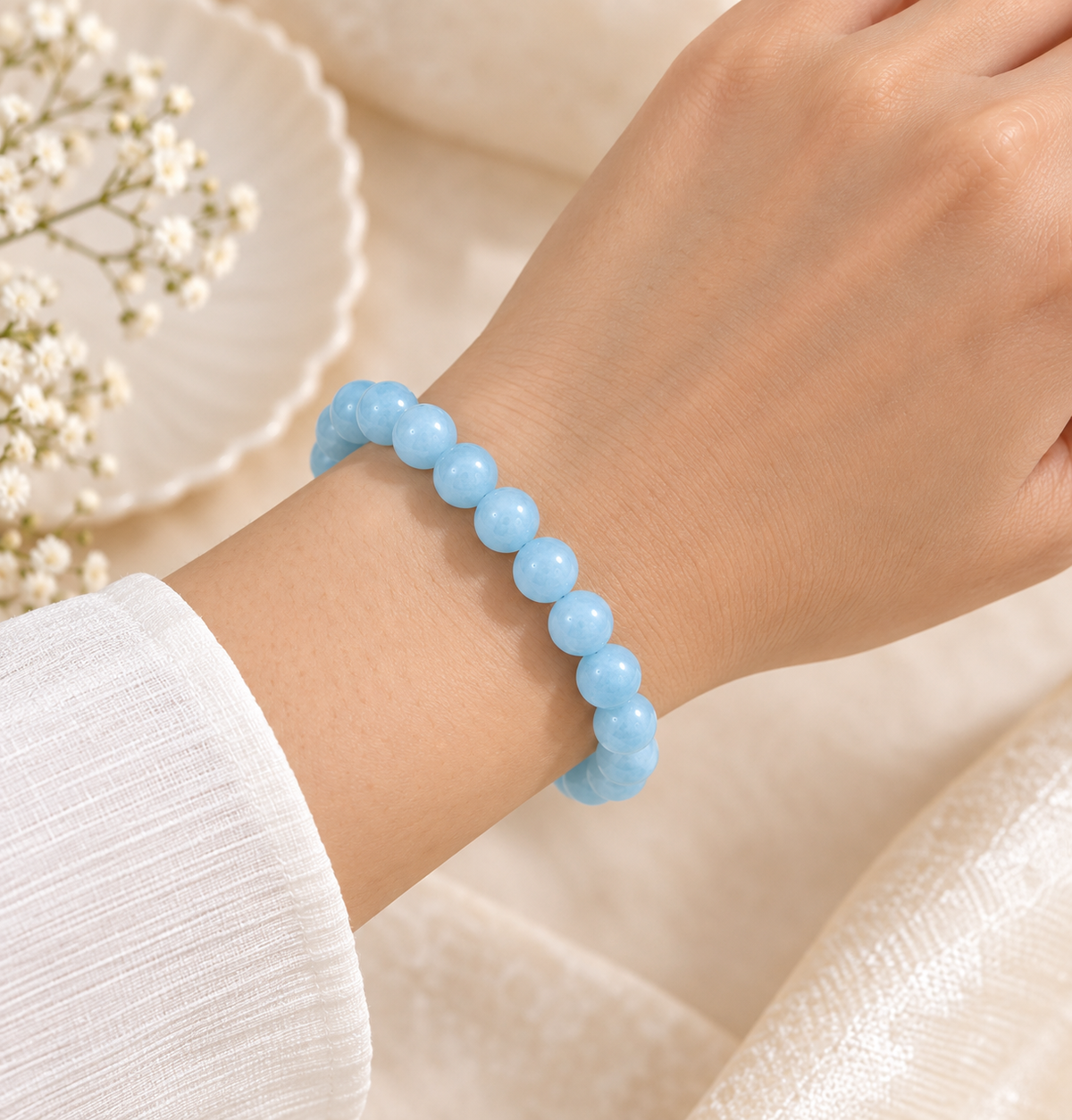 Original Aquamarine Bracelet with Free Raw Selenite Plate for Calm, Clarity & Communication | Natural Crystal | Certified | Mauksh