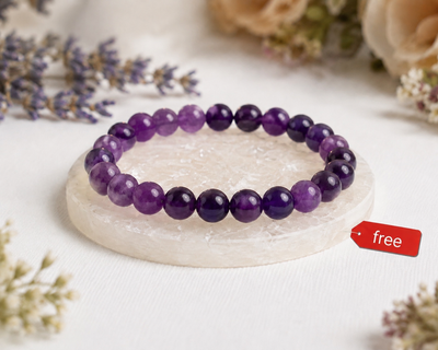 Original Amethyst Bracelet with Free Raw Selenite Plate for Focus, Intuition & Inner Strength | Certified | Mauksh