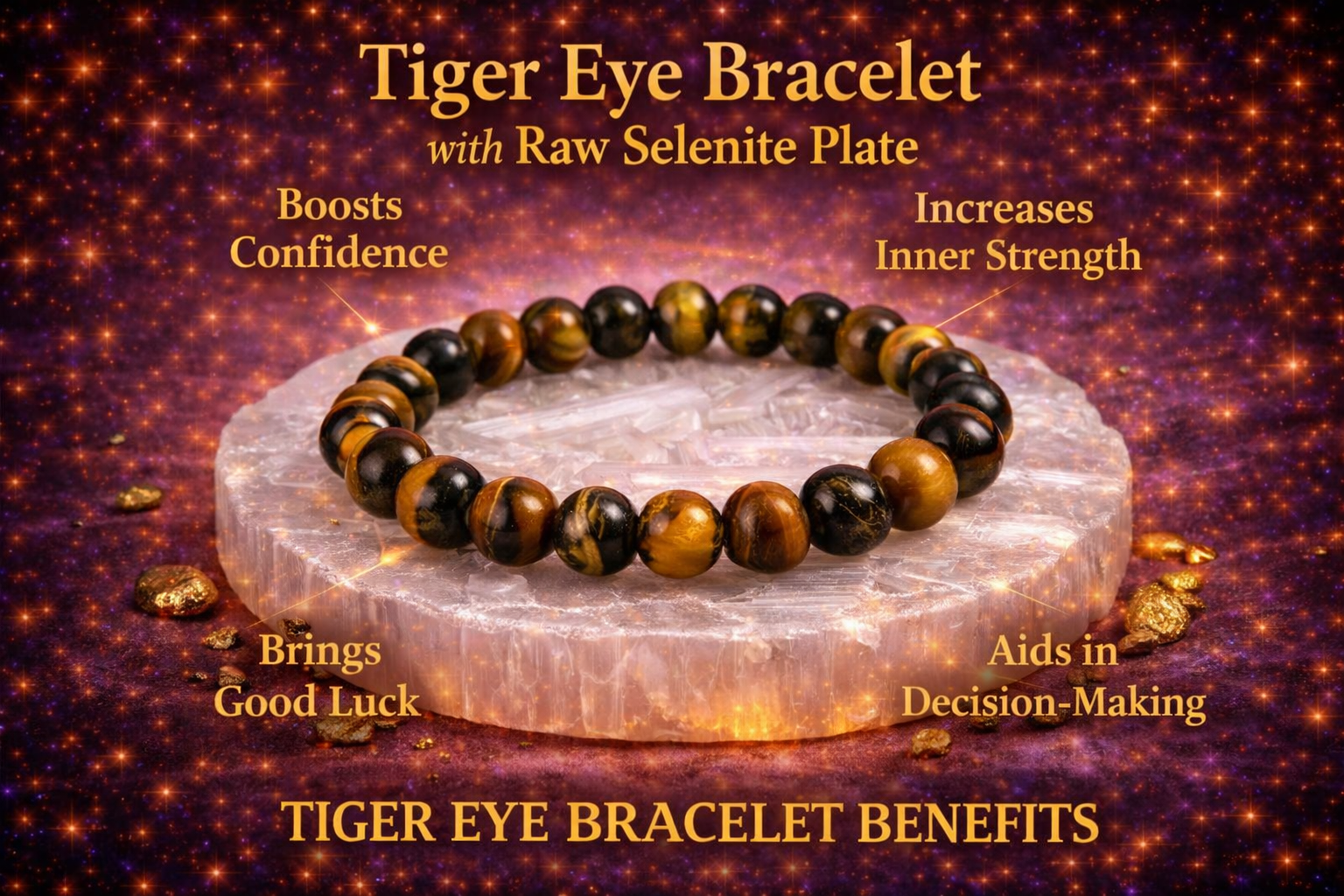 Tiger Eye Bracelet with Free Raw Selenite Plate for Courage & Career Success | Natural Crystal | Certified | Mauksh