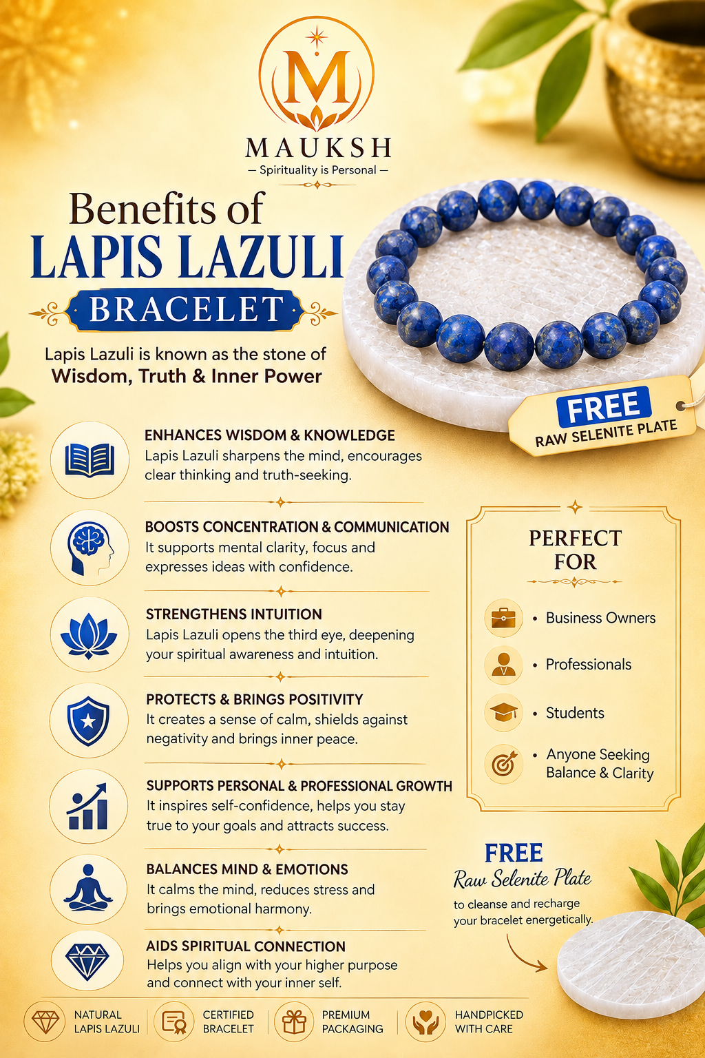 Original Lapis Lazuli Bracelet with Free Raw Selenite Plate for Wisdom & Self Expression | Natural Crystal | Certified | Mauksh