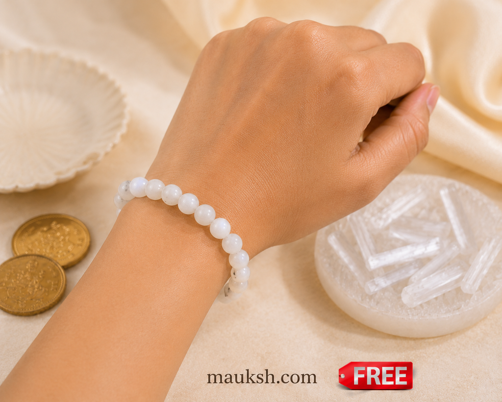 Original Moonstone Bracelet with Raw Selenite Plate for Emotional Balance & Inner Peace | Natural Crystal | Certified | Mauksh