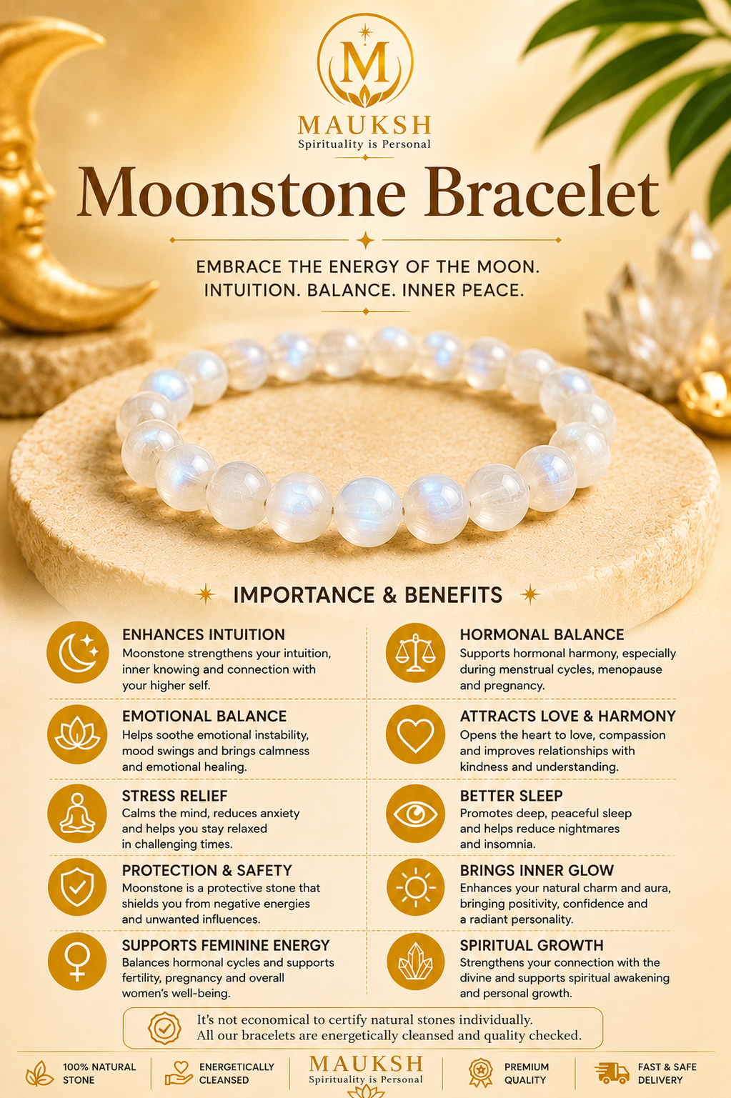 Original Moonstone Bracelet with Raw Selenite Plate for Emotional Balance & Inner Peace | Natural Crystal | Certified | Mauksh