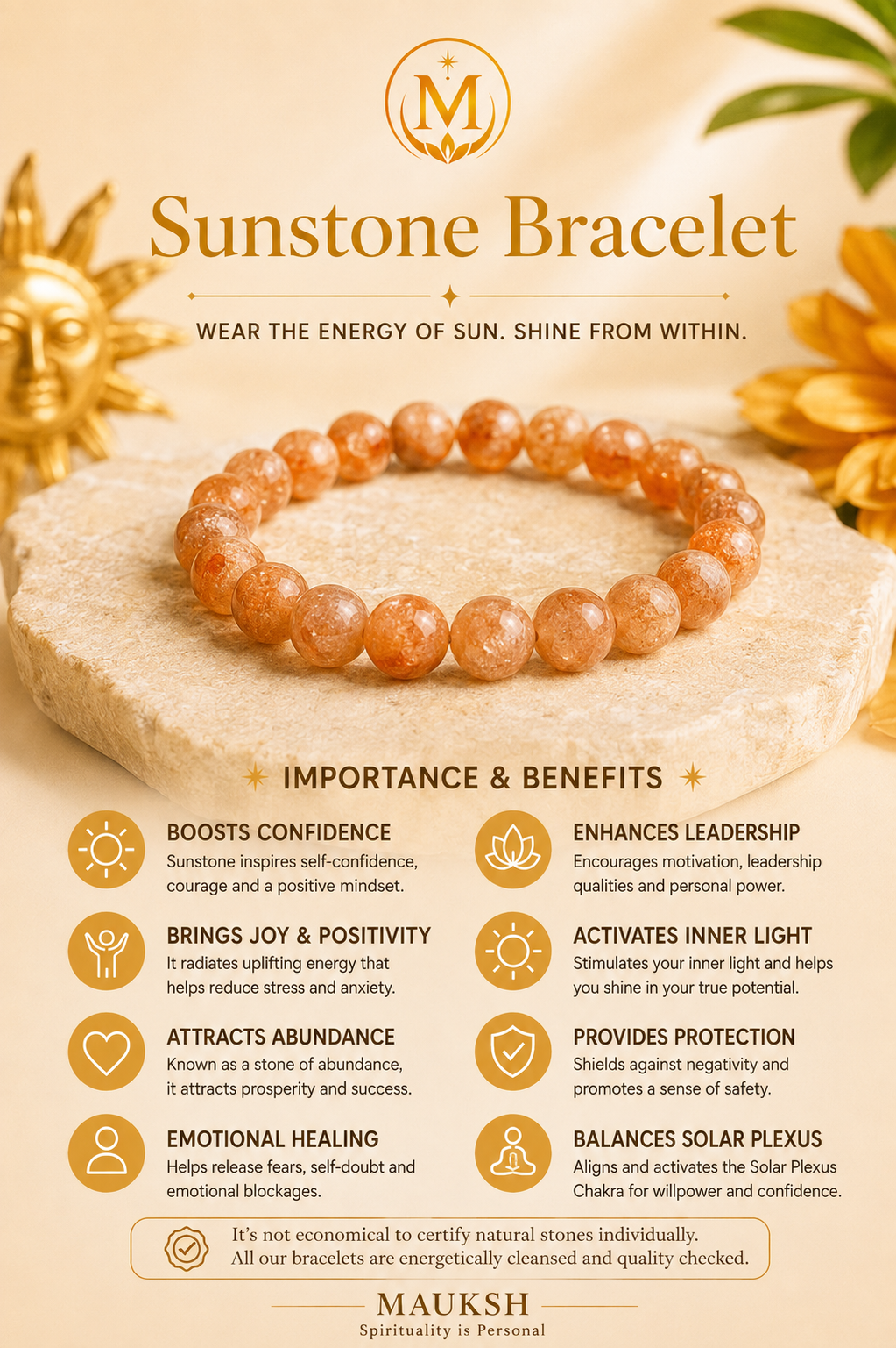 Original Sunstone Bracelet with Free Raw Selenite Plate for Confidence, Positivity & Success | Natural Crystal | Certified | Mauksh