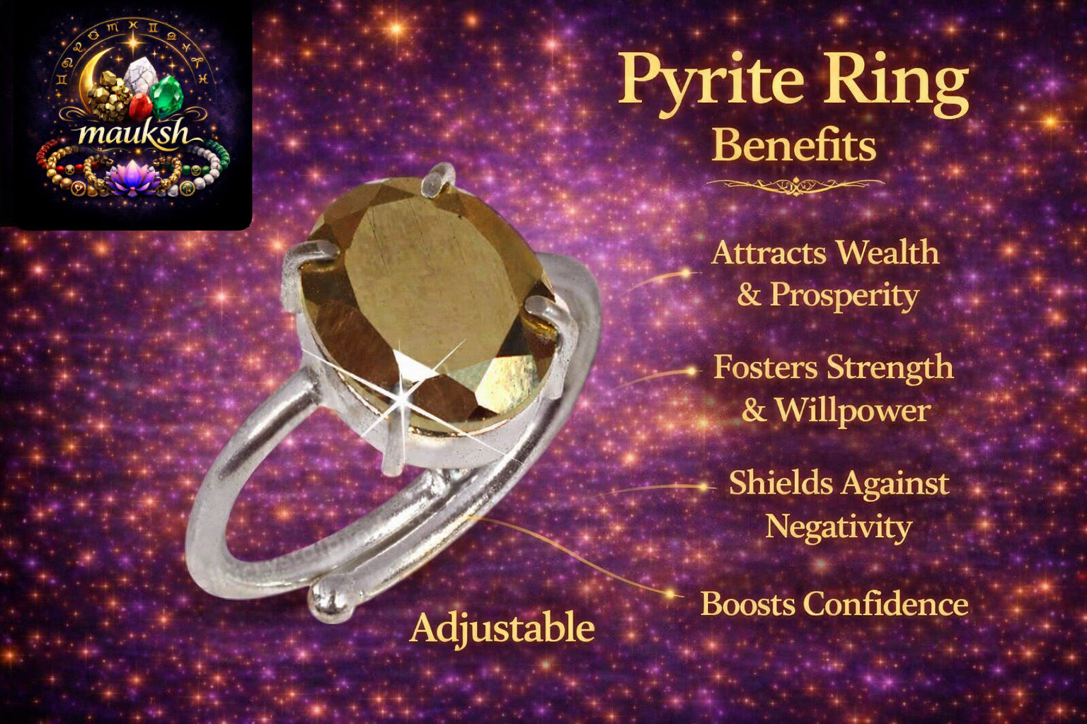Pyrite Ring (Adjustable) – Money Magnet | Wealth, Confidence & Protection | Certified | Mauksh