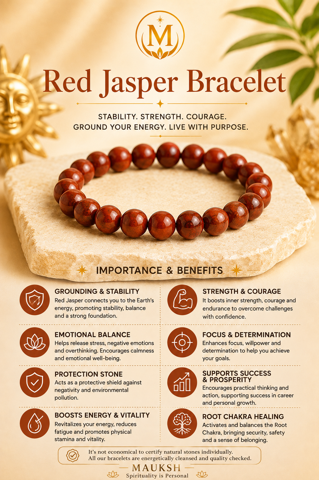Original Red Jasper Bracelet for Strength, Courage, Grounding & Stability | Natural Crystal | Certified | Mauksh