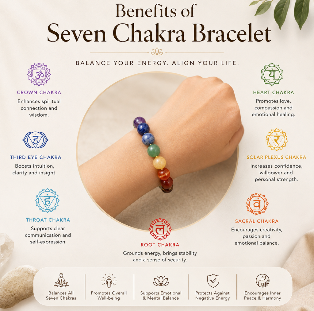 Original 7 Chakra Bracelet for Balance, Protection & Positivity with Free Raw Selenite Plate | Certified | Mauksh