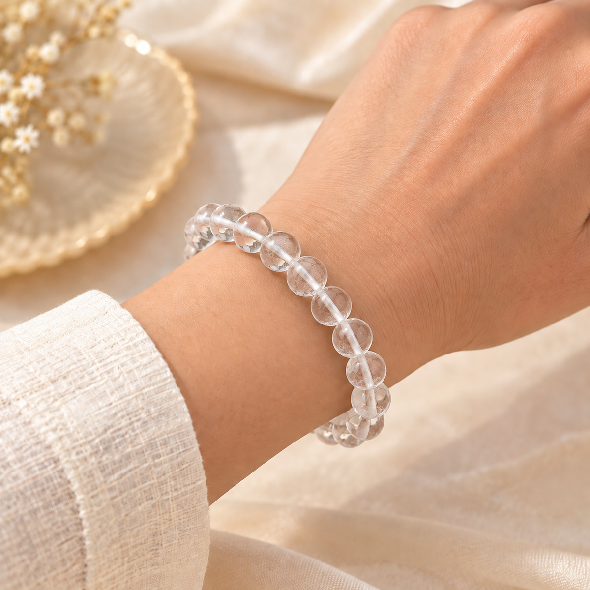 Original Clear Quartz Bracelet with Free Raw Selenite Plate for Clarity, Cleansing & Positive Energy | Natural Crystal | Certified | Mauksh