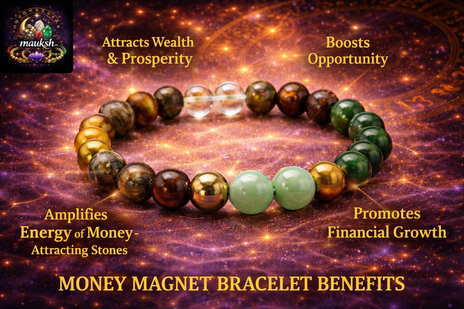 Ultimate Business Starter Combo – Pyrite 7 Horses Frame, Money Magnet Bracelet & Raw Selenite Charging Plate | Certified | Mauksh