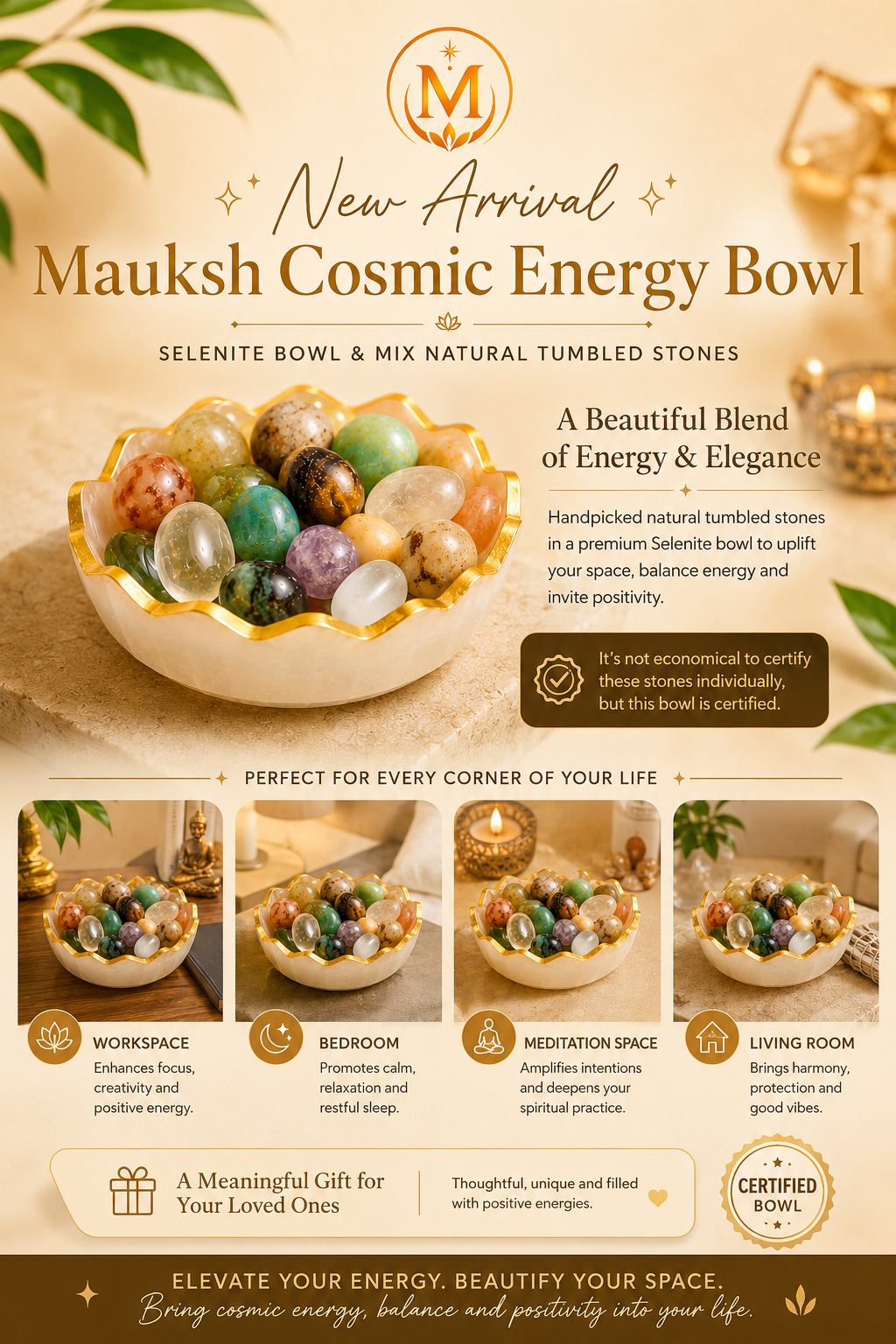 Mauksh Cosmic Energy Bowl with Natural Tumbled Stones & Selenite Bowl | Spiritual Home Décor | Natural
