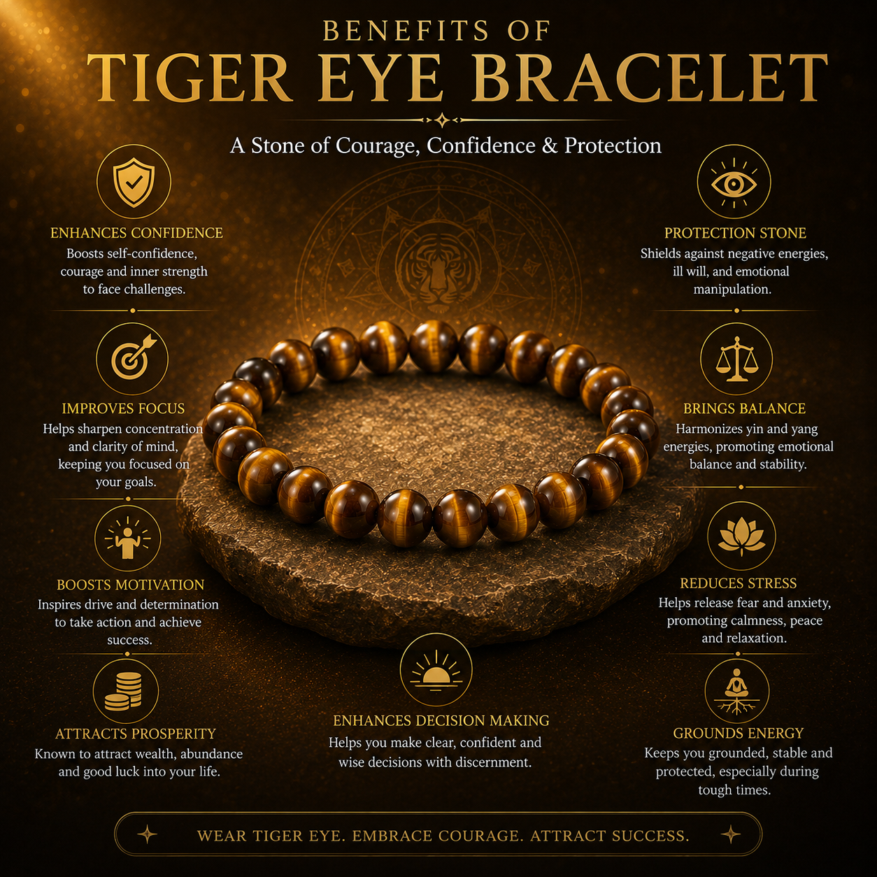 Original Tiger Eye Bracelet with Free Raw Selenite Plate for Courage & Career Success | Natural Crystal | Certified | Mauksh