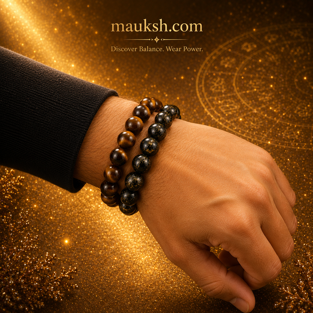 Original Tiger Eye & Pyrite Bracelet Combo for Wealth, Protection & Confidence | Natural Crystals | Certified | Mauksh