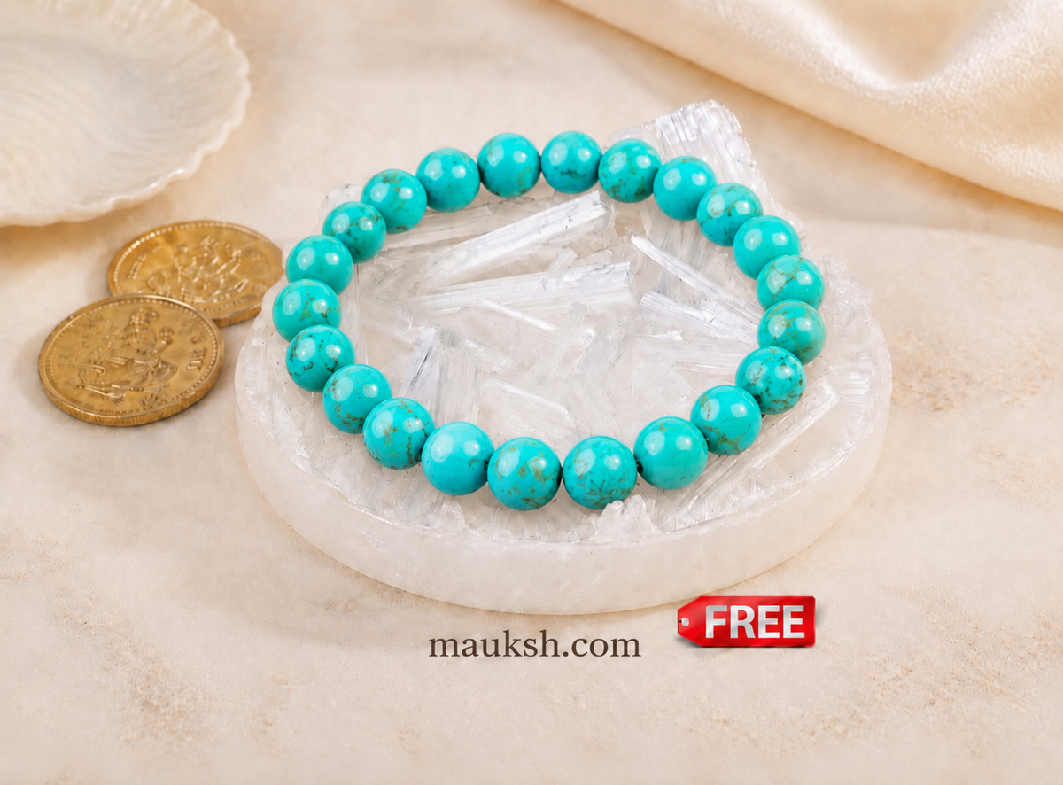 Original Turquoise Bracelet with Free Raw Selenite Plate for Protection, Calm & Communication | Natural Crystal | Certified | Mauksh