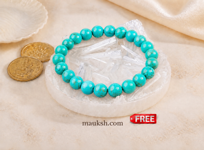Original Turquoise Bracelet with Free Raw Selenite Plate for Protection, Calm & Communication | Natural Crystal | Certified | Mauksh
