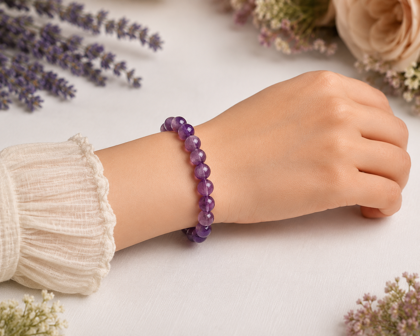 Original Amethyst Bracelet with Free Raw Selenite Plate for Focus, Intuition & Inner Strength | Certified | Mauksh