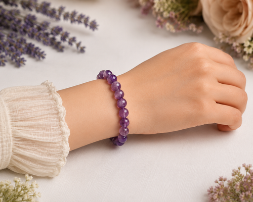 Original Amethyst Bracelet with Free Raw Selenite Plate for Focus, Intuition & Inner Strength | Certified | Mauksh