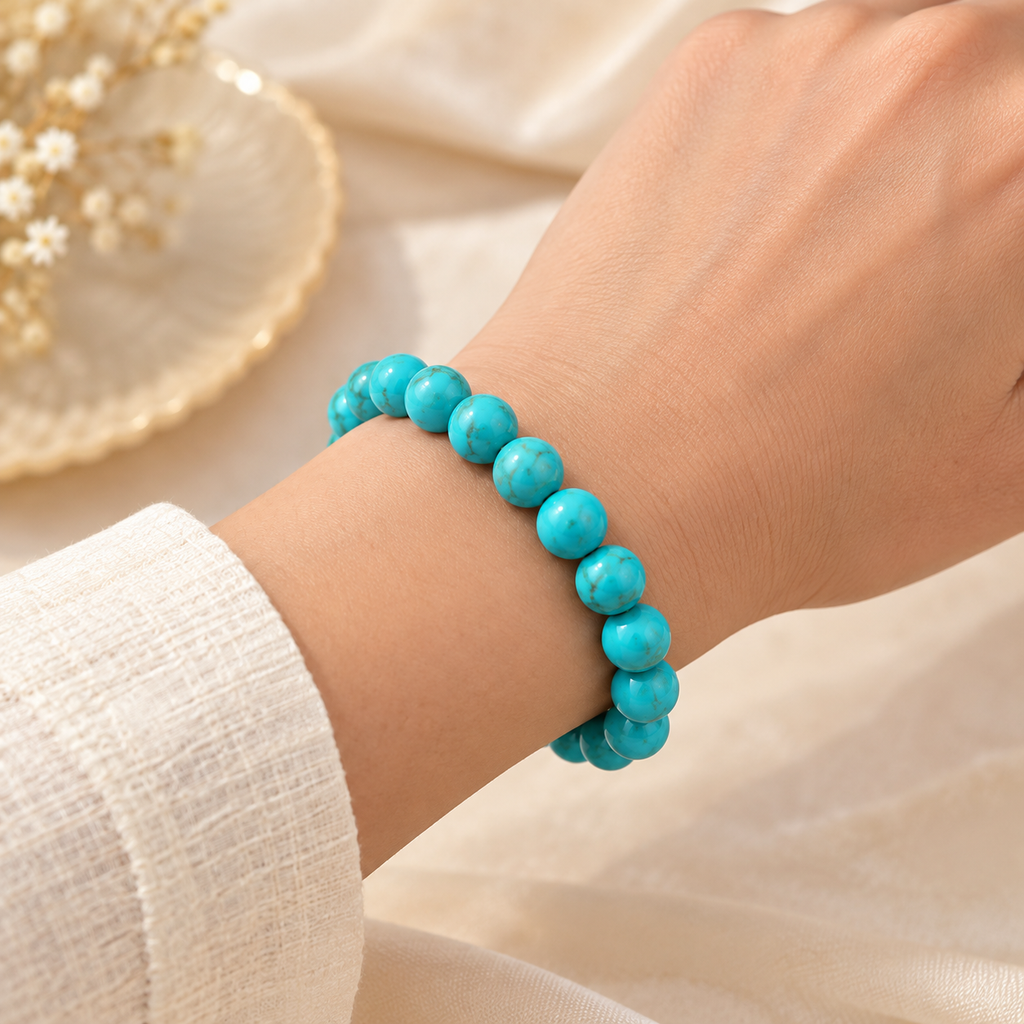 Original Turquoise Bracelet with Free Raw Selenite Plate for Protection, Calm & Communication | Natural Crystal | Certified | Mauksh