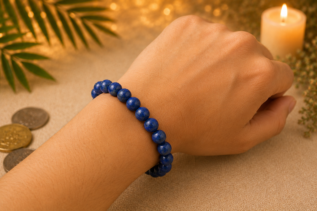 Original Lapis Lazuli Bracelet with Free Raw Selenite Plate for Wisdom & Self Expression | Natural Crystal | Certified | Mauksh