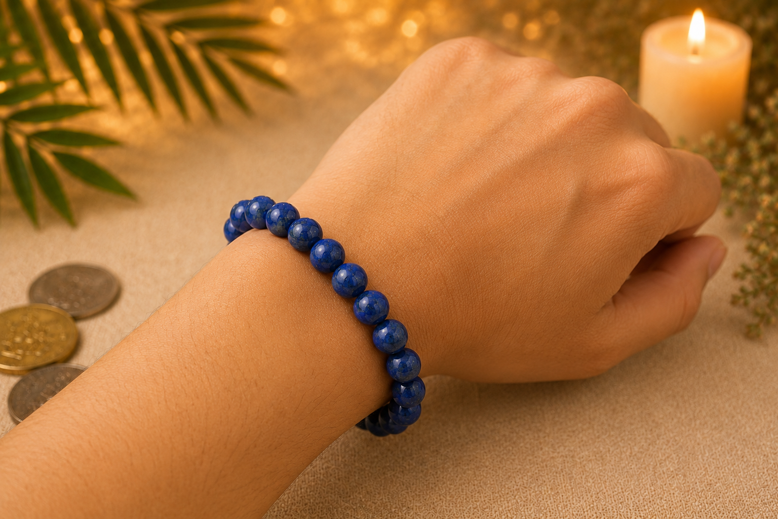 Original Lapis Lazuli Bracelet with Free Raw Selenite Plate for Wisdom & Self Expression | Natural Crystal | Certified | Mauksh