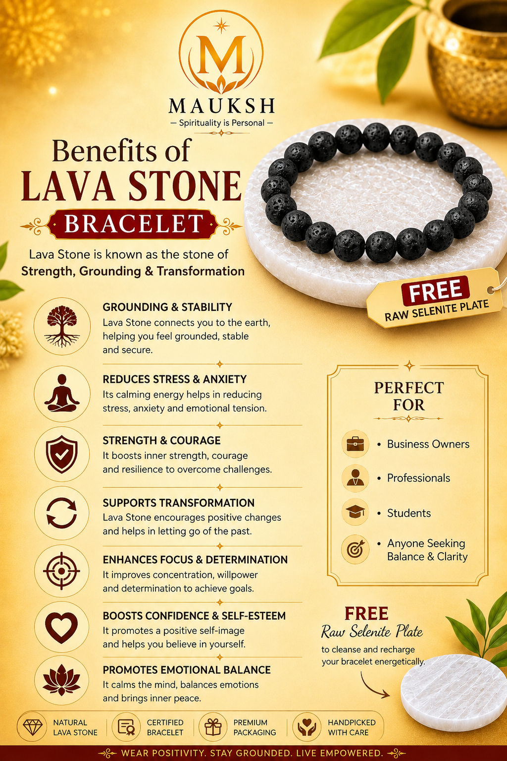 Original Lava Stone Bracelet with Free Raw Selenite Plate for Grounding, Strength & Stability | Natural Crystal | Certified | Mauksh