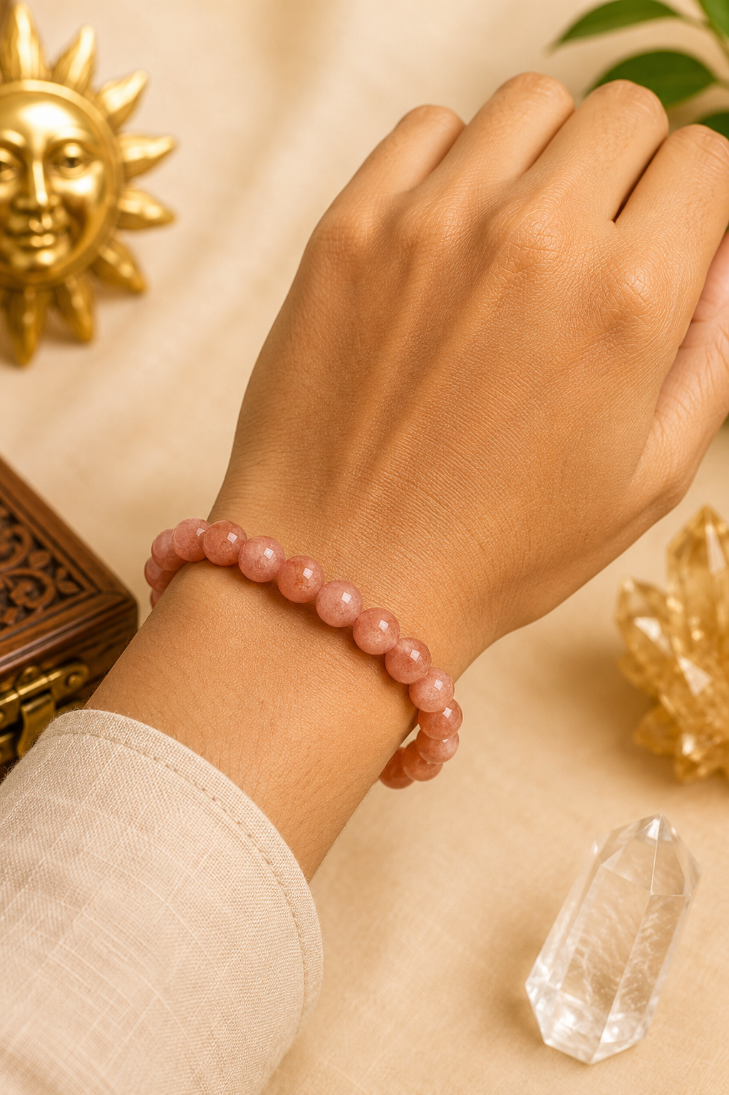 Original Sunstone Bracelet with Free Raw Selenite Plate for Confidence, Positivity & Success | Natural Crystal | Certified | Mauksh